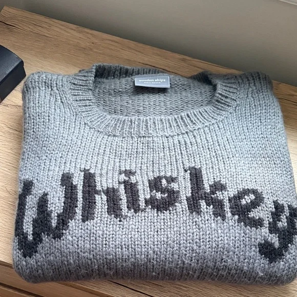 Wooden Ships Heather Gray Sweater with Black 'Whiskey' Text - Picture 1 of 5